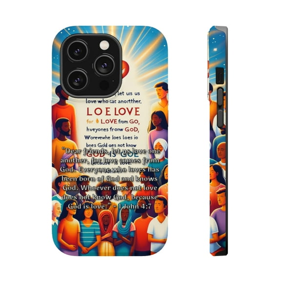 DistinctInk Tough Case for Apple iPhone 14 PRO (6.1" Screen), Compatible with MagSafe Charging - "Love: A Divine Gift - 1 John 4:7"