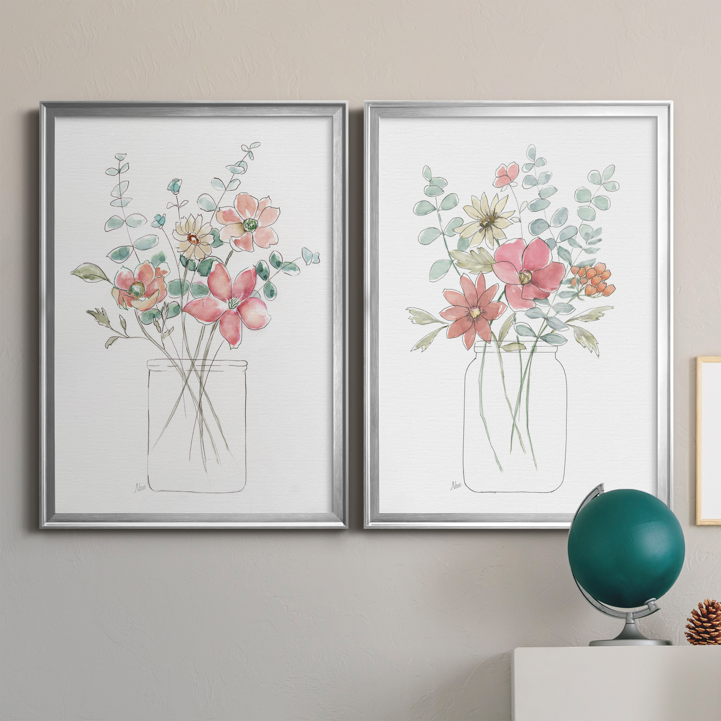 2 Piece Set Whimsical Wildflowers I Premium Framed Canvas - Ready to Hang - 26.5 x 36.5 Each - Silver Frame