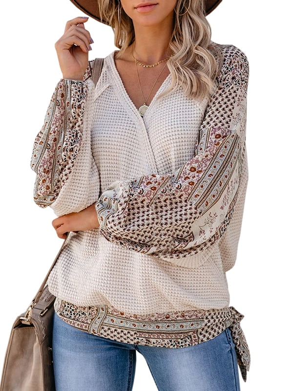 Womens Boho Patchwork Blouse Tops Waffle Knit | Walmart Canada