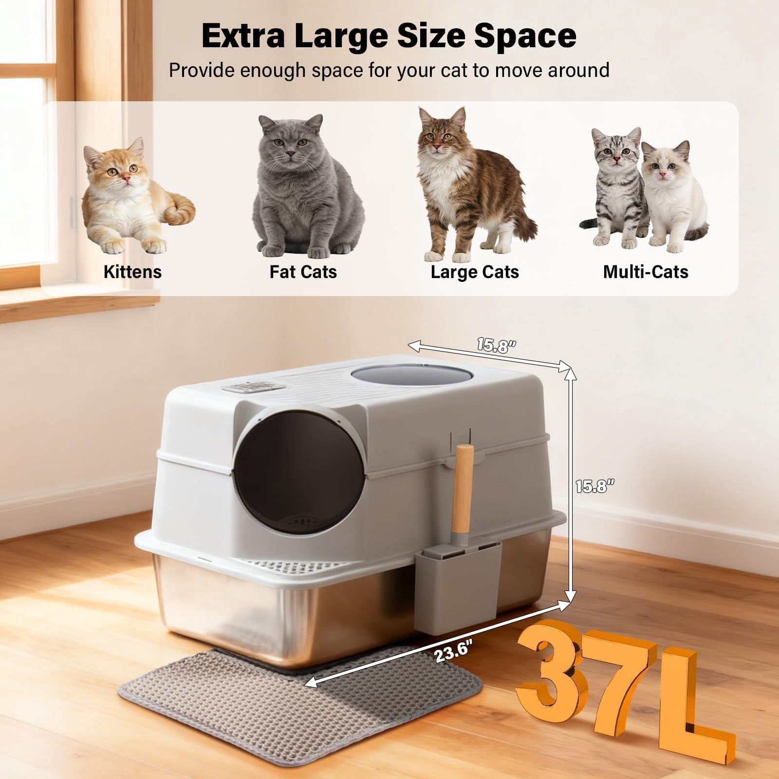 Stainless Steel Litter Box With Lid  Extra Large Enclosed Cat For Big Cats Metal High Sided Enclosure & Scoop Front Top Entry Odor Free Anti-leakage Grey