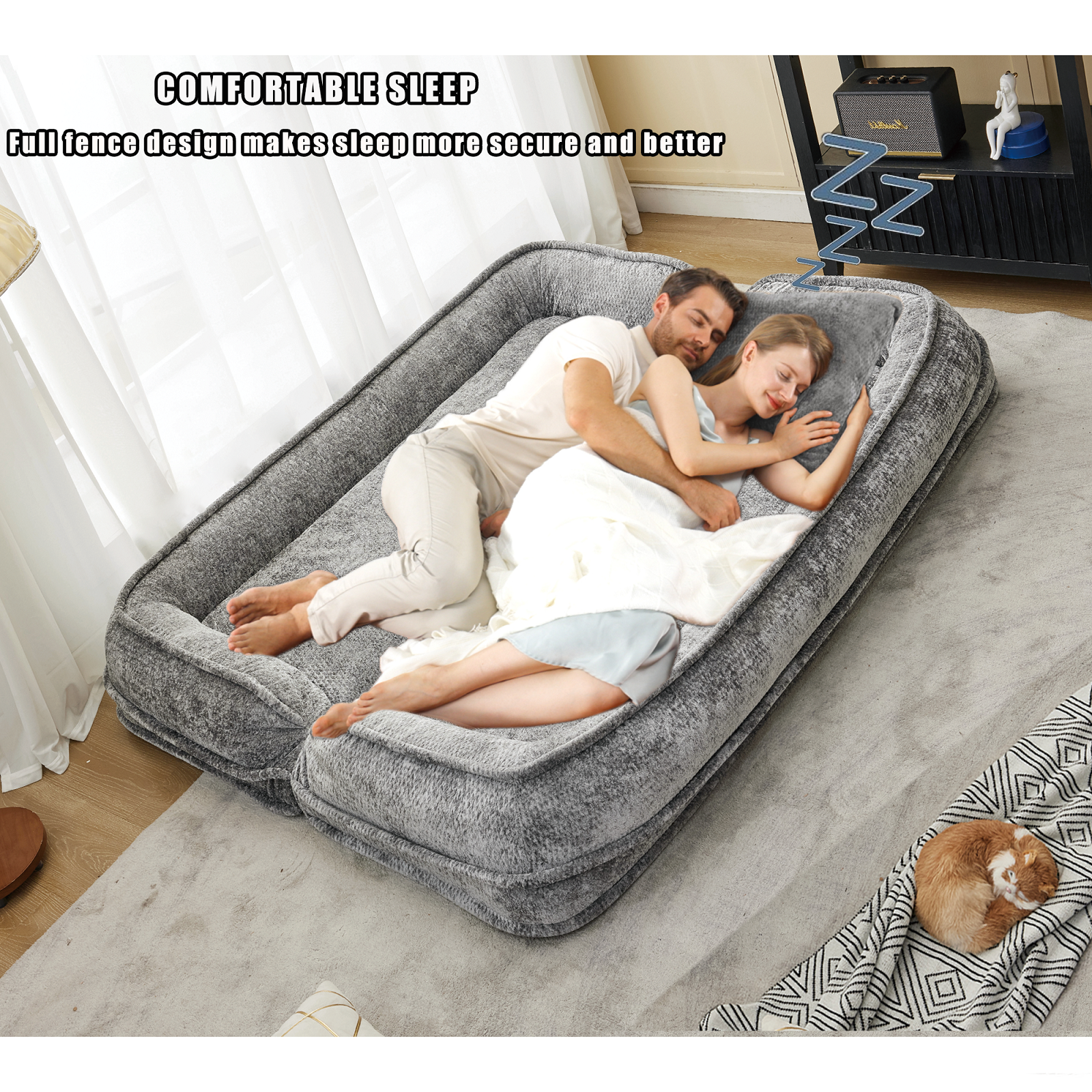 ZephyPaws Double Human Dog Bed,Extra Large Floor Couch with 5 Adjustable Position,Foldable Lazy Sofa Bed with Plump Pillow,2-in-1 Loveseat Couch Fits You & Pets, Plush Chenille,Light Gray