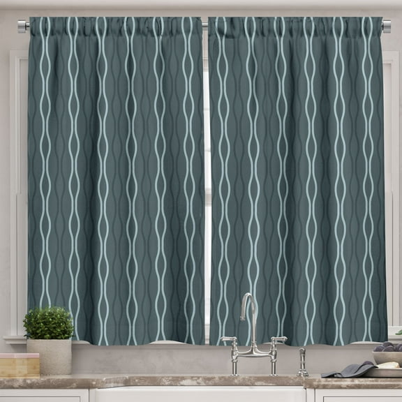Ambesonne Blue Kitchen Curtains, Under the Sea Wave Lines, 55"x39", Almond Green Slate Blue