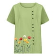 thumbnail image 4 of Womens Linen Tops Plus Size Summer Saving Summer Round Neck Short Sleeve Casual Fashion Printed Button Top T-Shirt S, 4 of 5