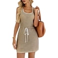 thumbnail image 4 of Women'S Drawstring Tie Waist Striped Knit Tank Dress Summer Sleeveless Square Neckline Mini Dress Brown XL, 4 of 9