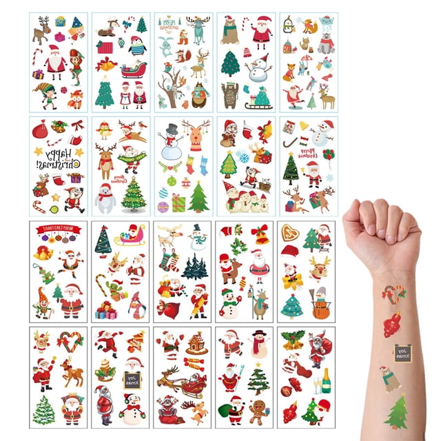 20 hojas de tatuajes temporales de Navidad para niños/decoración temporal de fiesta para mujeres, pegatinas de Navidad/marcadores de tatuajes falsos