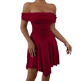 thumbnail image 2 of Women's Off the Shoulder Mini Dress Ruffle Hem Ruched Corset Short Cocktail Party Dresses Wine Red XS, 2 of 10