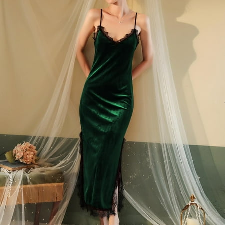 

nsendm Autumn And Winter New Deep V Velvet Lace Pajamas Private Room Sling Pajamas Long Home Clothes All Cotton Nighties Nightgownnightshirt Green Large