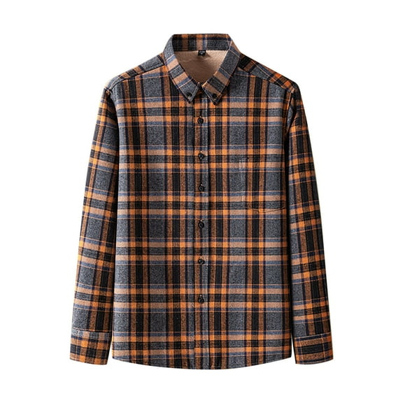 JUUYY Men's Fleece Lined Warm Flannel Plaid Shirt Winter Long Sleeve Button Down Shirt with Collared Big and Tall Shirts Orange XXXL
