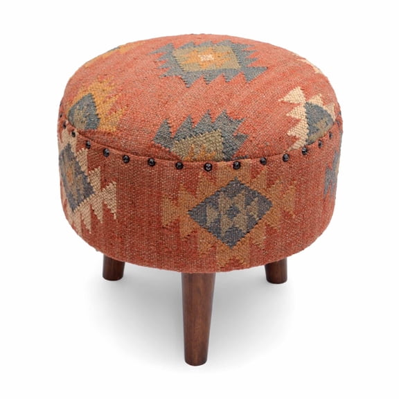 Handmade Kilim Jute Pouf Ottomans Wooden Seating Stool for Living Room, Bedroom (16"D x 16"W x 16"H) (Red)