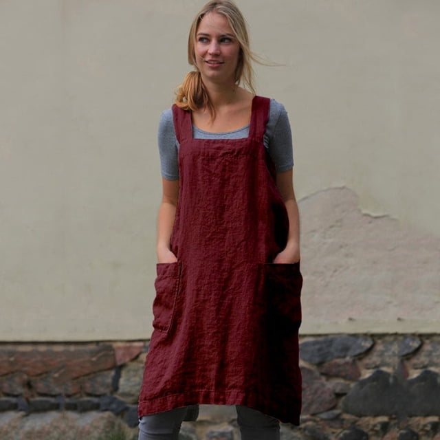 Prix Réduit, Tablier en Lin pour Femmes, Robe de Travail de Jardin pour Extérieur et Tenue Décontractée, Confort Toute la Journée/coton et Lin, Rouge, Sopatenor