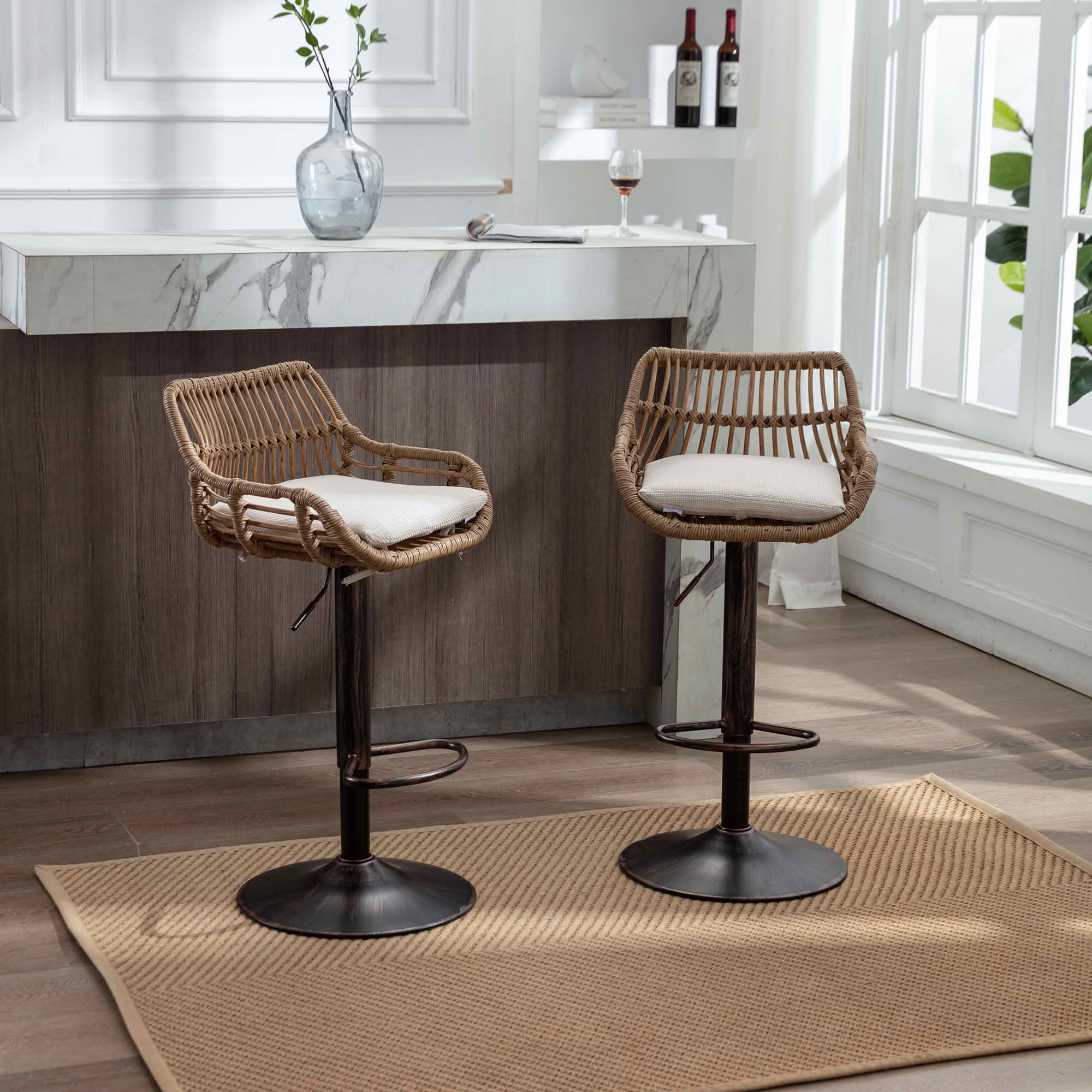 MAYEERTY Swivel Bar Stools Set of 2, Adjustable Height Chairs with Footrest, Linen and PE Rattan Back, Beige