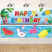 Summer Pool Happy Birthday Background Summer Beach Decorations Tropical Watermelon Flamingo Baby Shower Birthday Photography Background Backyard Banner Decoration Photo Booth Props