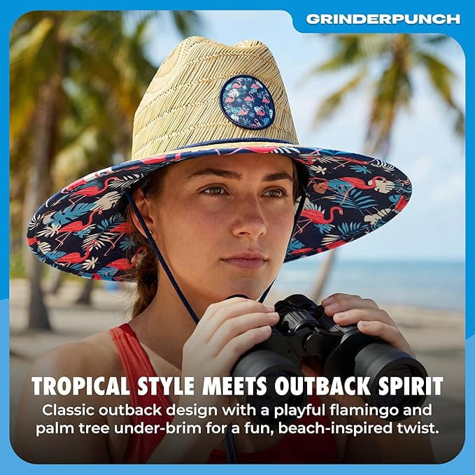 Grinderpunch Lifeguard Hat Mens Straw Sun Hat for Beach, Outdoor, and Travel | UPF 50+ Sun Protection | Wide Brim Straw Beach Hat | Classic Sun Hat for Men and Women ( Flamingo Palm )