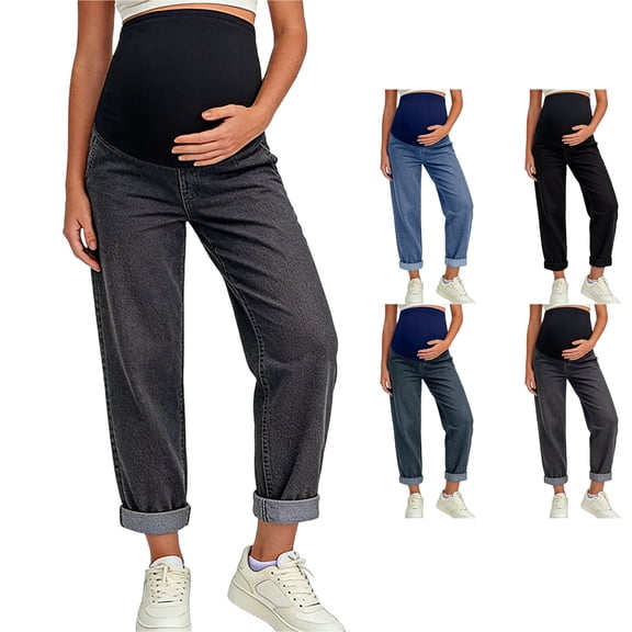 WPPGONE Maternity Jeans for Women Straight leg Over Belly Stretch Comfy Rolled Hem Bottoms Denim Pants with Pockets, M-3XL