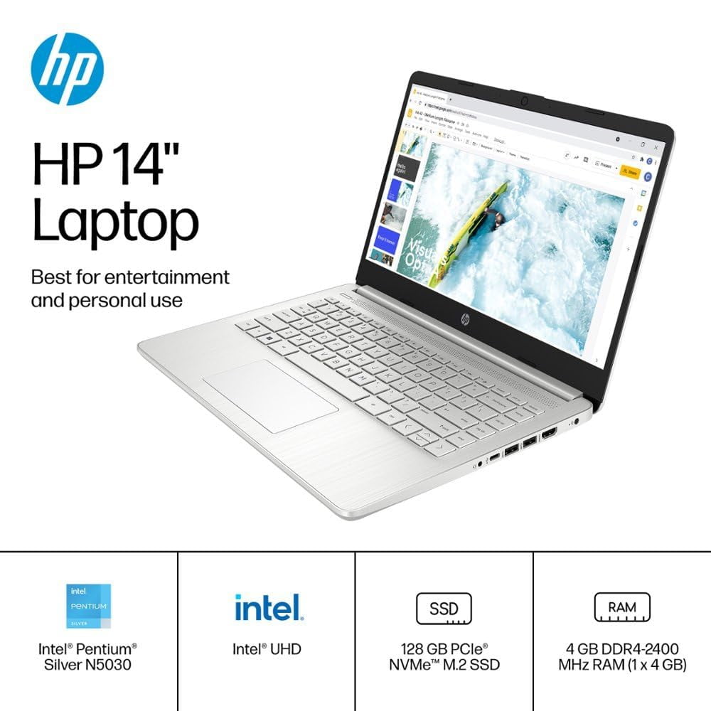 HP 14" HD Laptop, Intel Pentium Silver N5030, 4GB DDR4 Memory, 128GB SSD, Media Card Reader, Windows 11 Home in S Mode, One Year Office 365 Included, Natural Silver, 14-dq0703dx