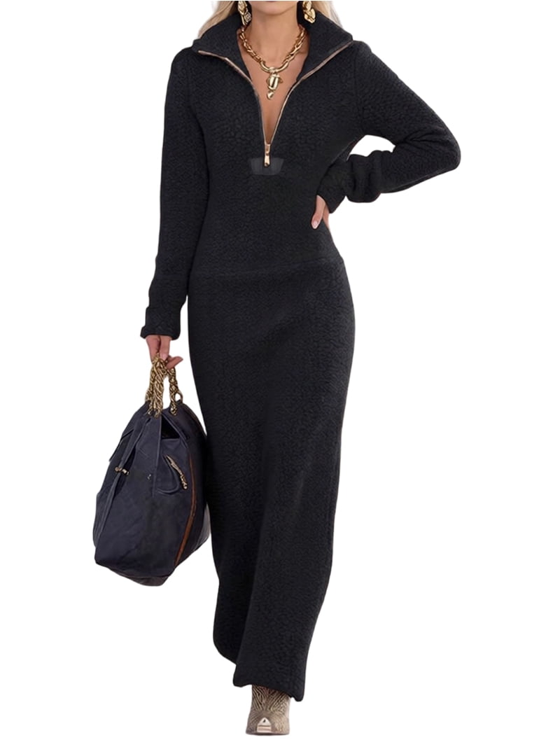 Women'S Lined Fleece Maxi Dress Collar Half Zipper Solid Slim Long Sleeve  Casual Winter Dress - Walmart.com