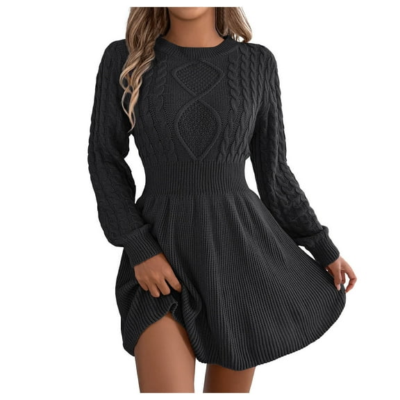 zaveiop Women's Short Sweater Dress, Cinched Waist Long Sleeve Crewneck Cable Knit Dresses, Fall Winter Casual Outfits (Black, M)