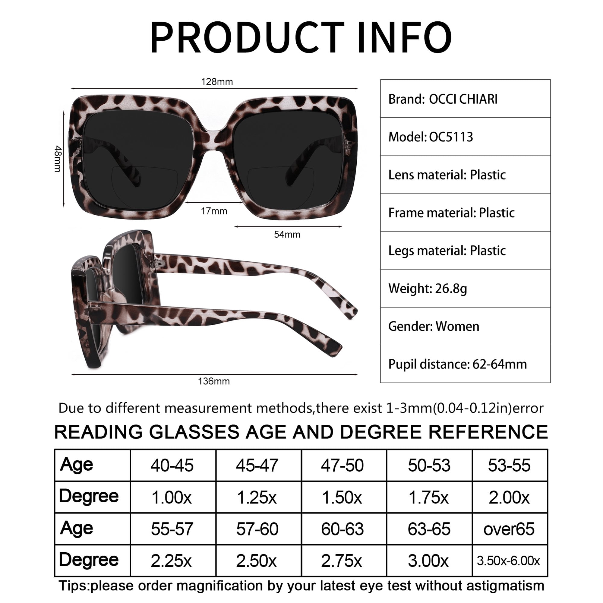 OCCI CHIARI Bifocal Sunglasses Reading Glasses Women Oversized Sunglass Readers 3.5 UV Protection Outdoor 1.0 1.5 2.0 2.5 3.0 3.5 with Acrylic Lens