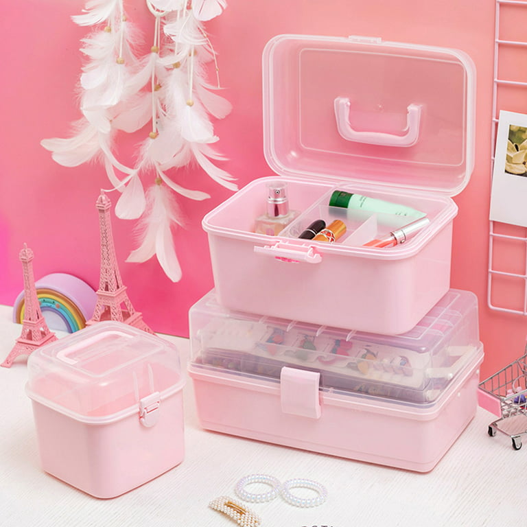 Kinsorcai Clear Plastic Storage Box with Handle, 3 Layer Pink Tackle Box  for Women, Organizer Box for Sewing Art and Cosmetic