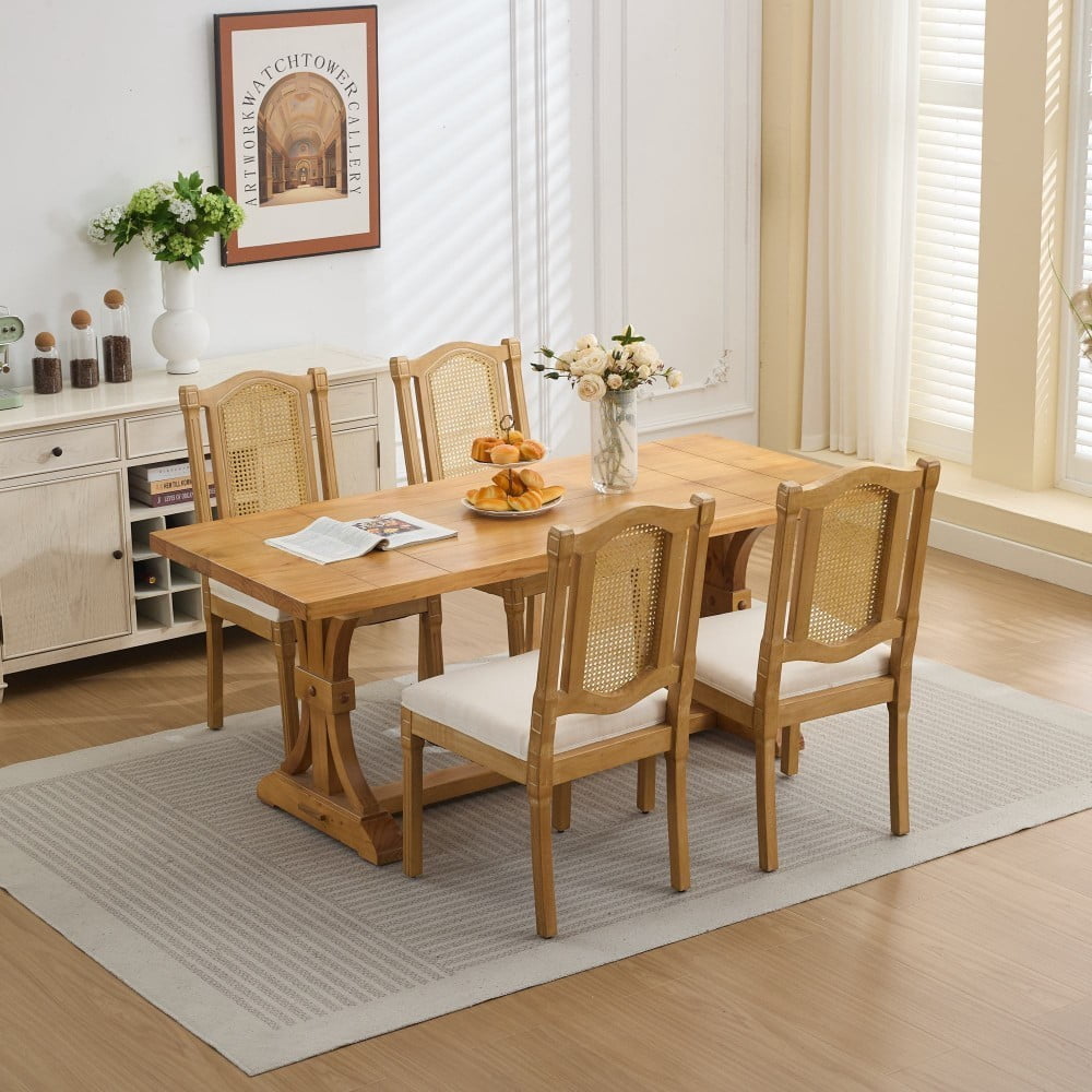Rattan Dining Chairs Set of 2, Solid Wood Kitchen Chairs with High Rattan Backrest, Matte Linen Cushion, Foam & S-Springs, Beige