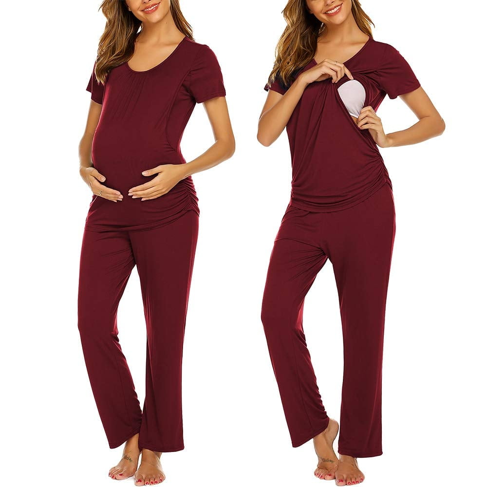 S-XXL Ekouaer Maternity Nursing Pajama Set Long Sleeve V Neck Top & Striped Pants Breastfeeding Sleepwear Set 