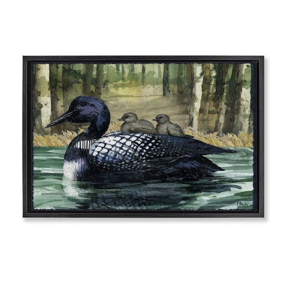 Stupell Industries Loon Family on Lake Animals Painting Black Floater Framed Canvas Art Print Wall Art, 25 x 17