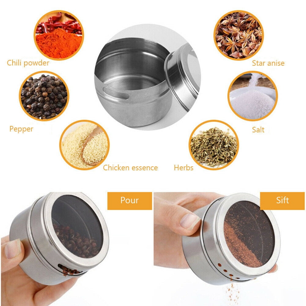 Kepooman 10 Pack Stainless Steel Storage Spice Containers with Sift & Pour Clear Top Lid for Camping Grill, Silver