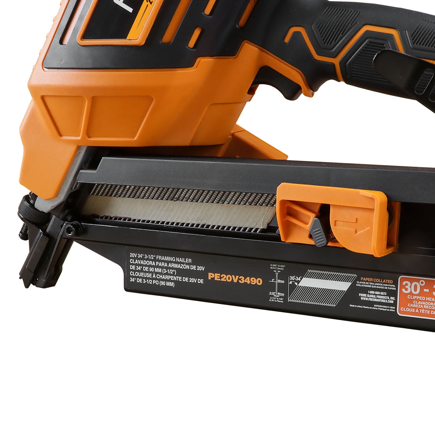 Freeman PE20V3490 20 Volt Cordless and Brushless 34 Degree 3-1/2" Framing Nailer Kit with Lithium Ion Battery, Charger, and Bag – 750 Shots per Charge
