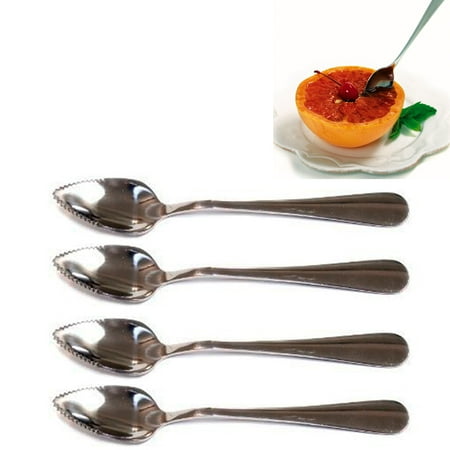 Brushed Stainless Steel Spoon - 4 Grapefruit Long Spoon Thick Stainless Steel Serrated Edge Dessert Cirtus Fruit