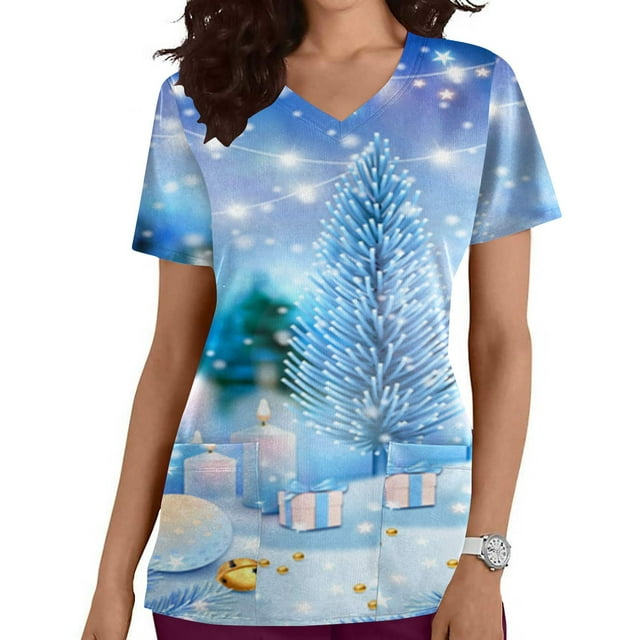 LSLJS Christmas Blouse de Soins Infirmiers de Noël pour Femmes, Imprimé, Col en V, Manches Courtes, avec Poche, Scrub Tops