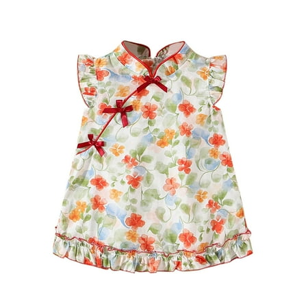 

Short Sleeve Dress For Girls Summer Toddler Girls Sleeveless Prints Improved Cheongsam Dress Casual Bowknot Dress Clothes 18-24 Months