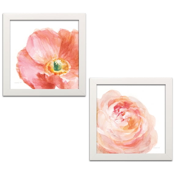 Gango Home Decor Contemporary Garden Poppy & Rose on White by Danhui Nai (Ready to Hang); Two 12x12in White Framed Prints