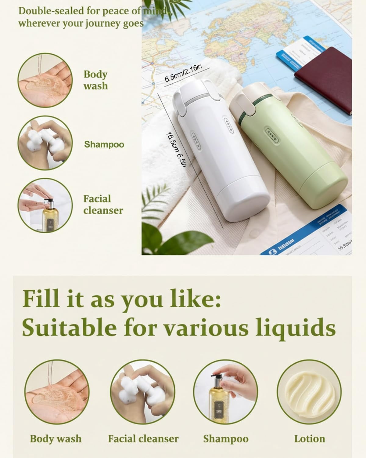 4 in 1 Travel Dispenser Bottle 4 Pack 30ml Air Conditioner Portable Refillable Travel Size Containers Dispensing Bottles for Shampoo Conditioner Lotion Luggage Organizer Travels Essentials(Green)