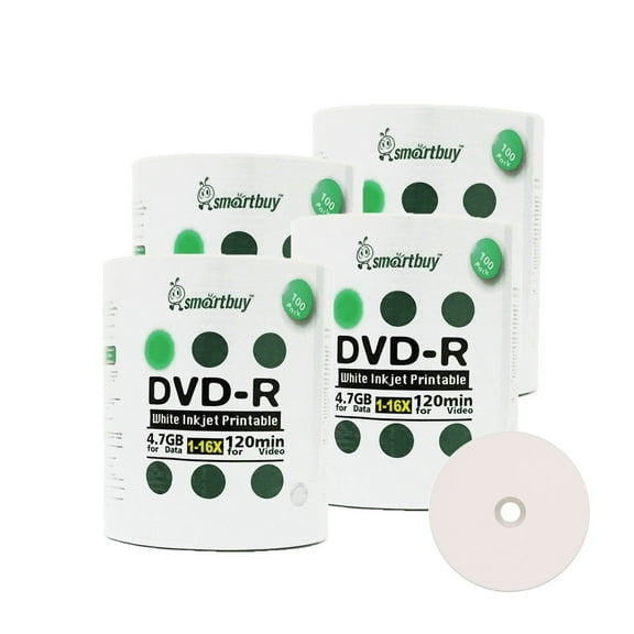400 Pack Smartbuy 16X DVD-R 4.7GB 120Min White Inkjet Hub Printable Data Blank Media Recordable Disc