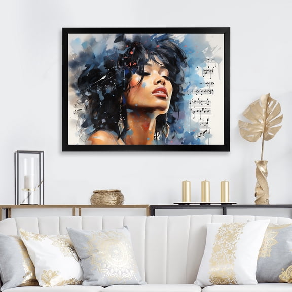 Designart "Harlem Renaissance Portrait Blue and Black Woman II" People Framed Wall Art Decor - Global Black Harlem Renaissance Bedroom Framed Canvas Wall Art