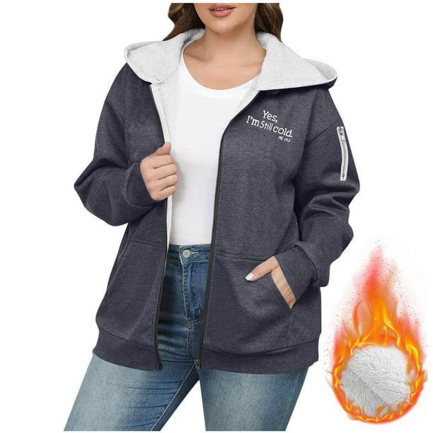 Suéter informal con capucha y manga larga para mujer, blusa de poliéster con hombros descubiertos, color liso, con cremallera y capucha, talla grande, a la moda, de terciopelo grueso