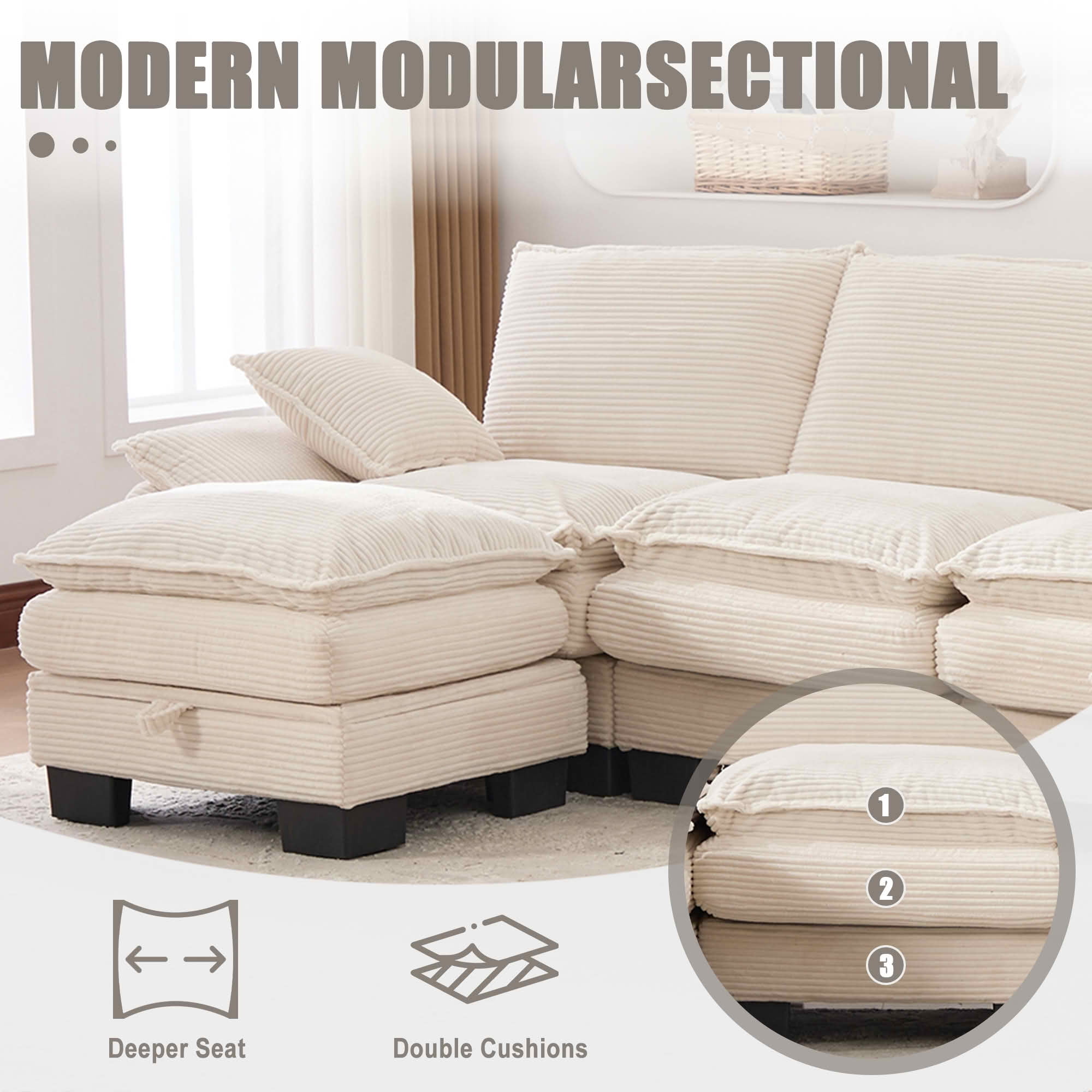 MAYEERTY Ottoman Footstool, Modular Cloud Sofa Footrest with Storage, Soft Corduroy, No Assembly, Beige