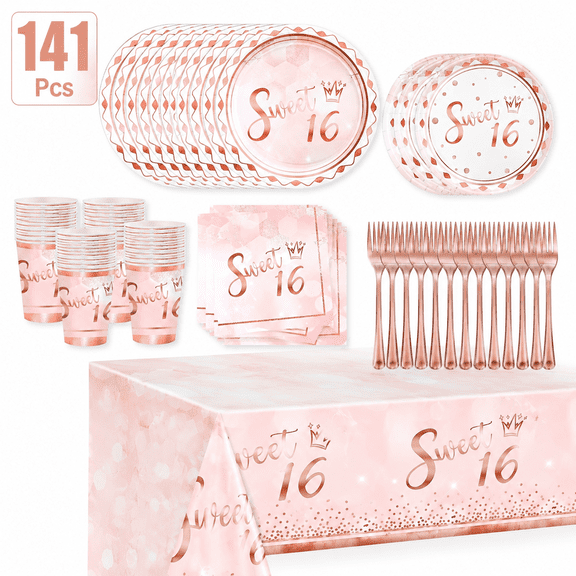 141Pcs/20Sets Rose Gold Sweet 16 Party Set-Party Tableware Set Including Sweet 16 Plates And Napkins Cups Knives Forks, Rose Gold Tablecloth Serves 20, Sweet 16 Party Decorations For Boys And Girls