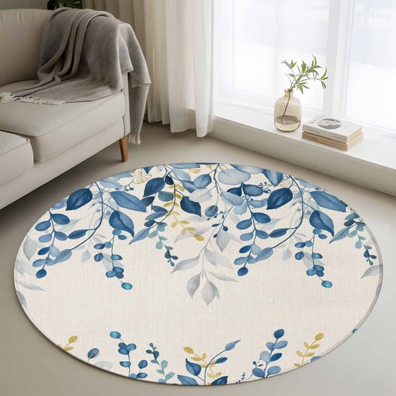 Round Area Rugs Collection 4 Ft, Blue Eucalyptus Non-Slip Residential Carpet, Farmhouse Weeping Leaves Linen Indoor Crawling Mats Runner Rugs for Living Room/Dining Room/Bedroom
