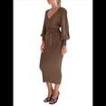 thumbnail image 3 of Vestido Ajustado de Punto para Mujer, Elegante, Retro, con Mangas Acampanadas, Cuello en V, Color Liso, para Vacaciones. Café Marrón M, 3 of 9