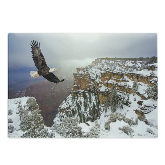 Africa Cutting Board, Aerial View of Bald Eagle Flying in the Snow Covered Grand Canyon Rocky Art, Decorative Tempered Glass Cutting and Serving Board, Large Size, White Brown, by Ambesonne