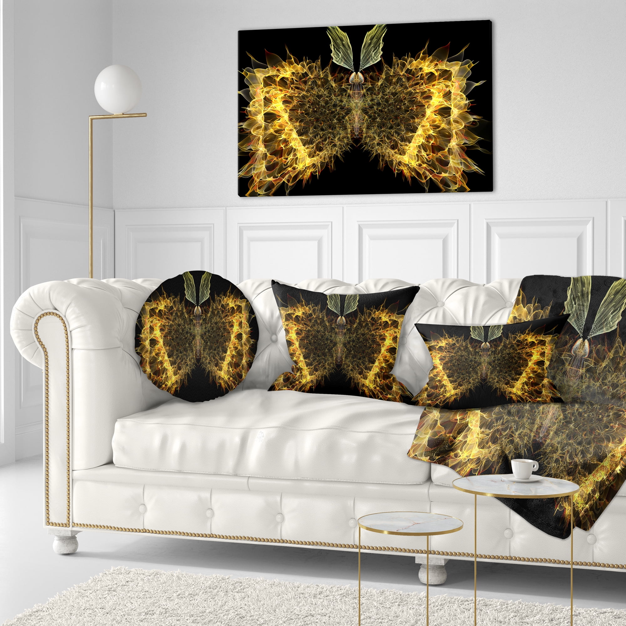 Designart Golden Fractal Butterfly in Dark - Abstract Throw Pillow - 12x20