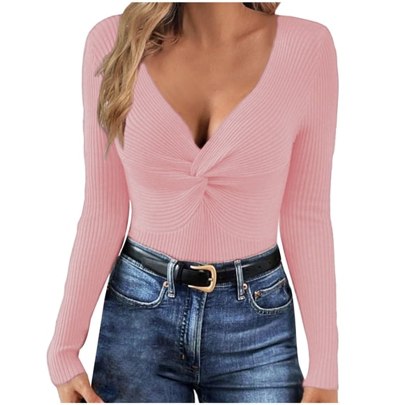 asjyhkr Sweaters for Women Long Sleeve Ruffle V Neck Knit Undershirts Casual Fashion Breathable Thermal Hiking Vacation Tops