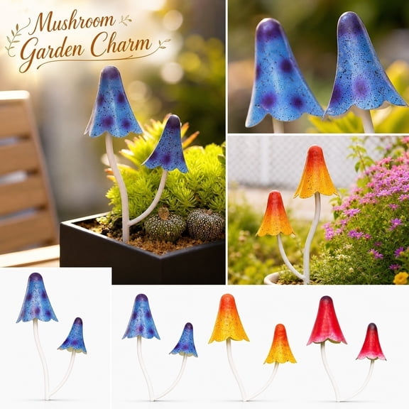 Outdoor Garden Stake Decor, Mushroom Decor, Red Metal Yard Art, Double-Head Fairy Garden Decor, 12X6 Inch Hand-Finished Painted Iron Mushroom Plant Pick for Lawn, Backyard, Patio