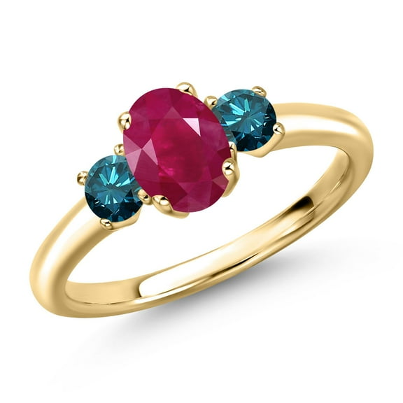 Gem Stone King 10K Yellow Gold Red Ruby and Blue Diamond Engagement Ring for Women | 1.30 Cttw | Oval 7X5MM | Gemstone July Birthstone | Size 8