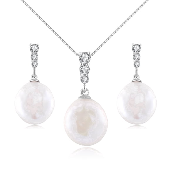 YAMI 11 mm Button White Pearl Necklace Earrings Set, 925 Sterling Silver, Three-Diamond CZ, Cultured Pearl Mother's Day Jewelry Gift for Women
