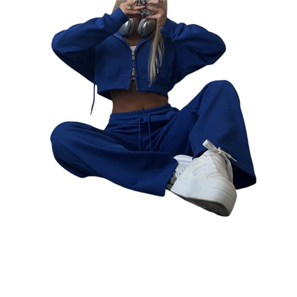 Conjunto Deportivo Informal de 2 Piezas para Mujer, Sudadera con Capucha y Pantalón Deportivo, Ideal para Viajes y Aeropuertos. Conjuntos de Estar por Casa. Azul M