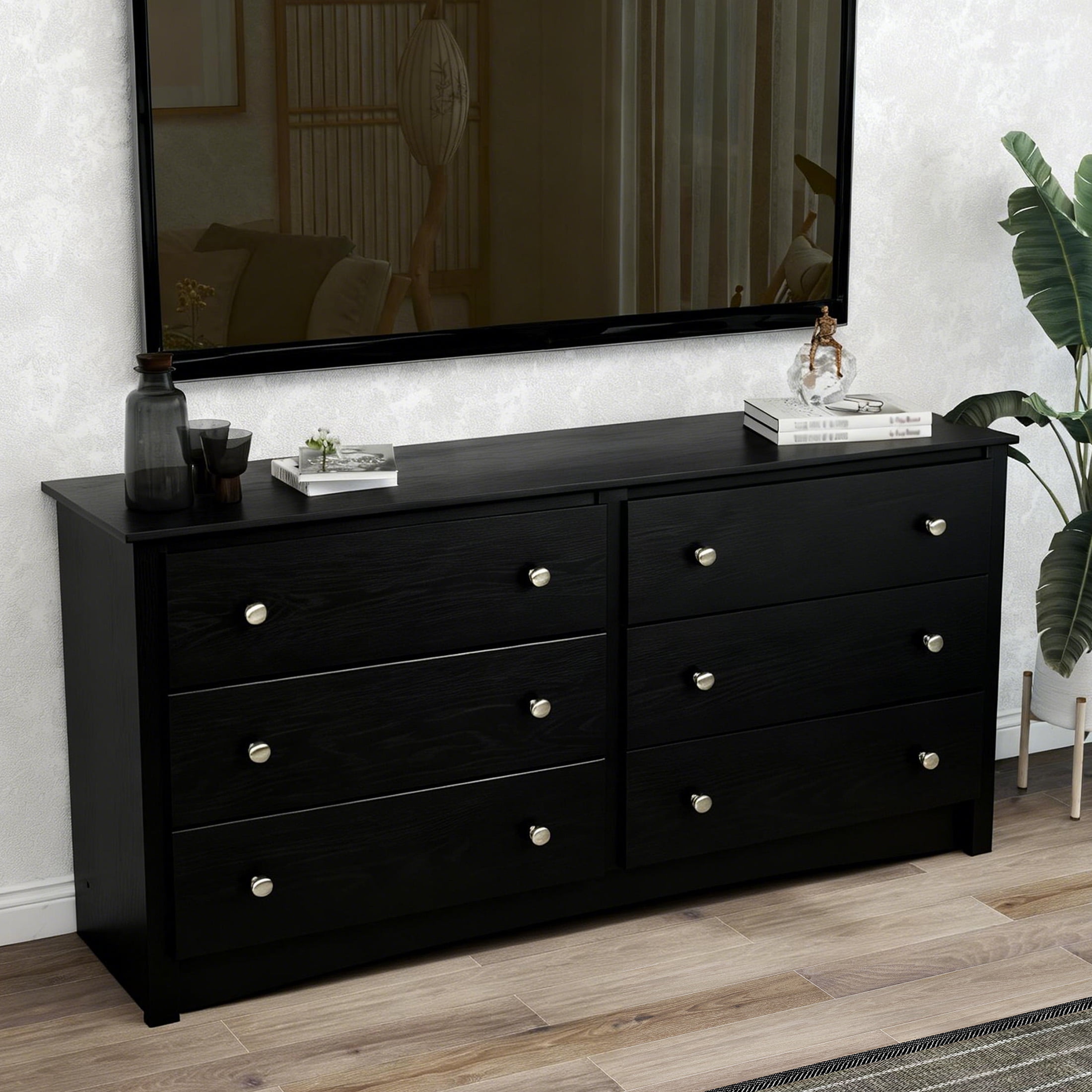 edx 59in Wood Dresser 6 Drawer, Black Storage Cabinet, Vintage Dresser, Chest of Drawers for Bedroom and Living Room, Black