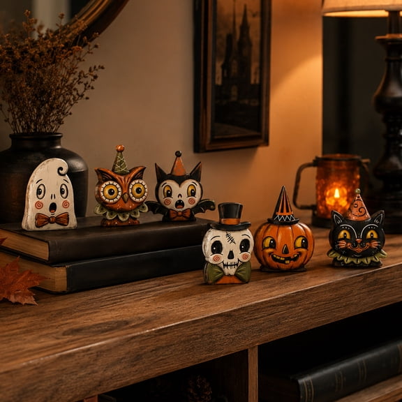 6 Pack Vintage Halloween Wooden Tabletop Decor, Retro Spooky Ghost Pumpkin Owl Bat Cat Skeleton Tiered Tray Ornaments, Fall Holiday Party Farmhouse Mantel Shelf Decorations