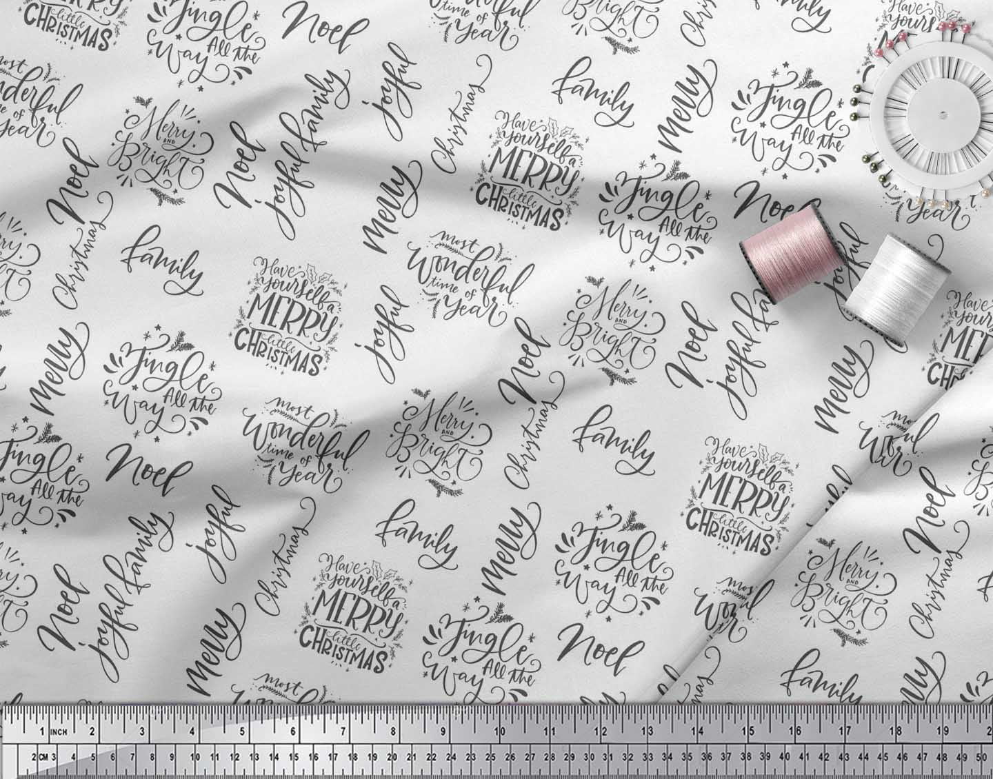 Soimoi White polyester Crepe Fabric Merry Christmas Text Fabric Prints By Yard 52 Inch Wide